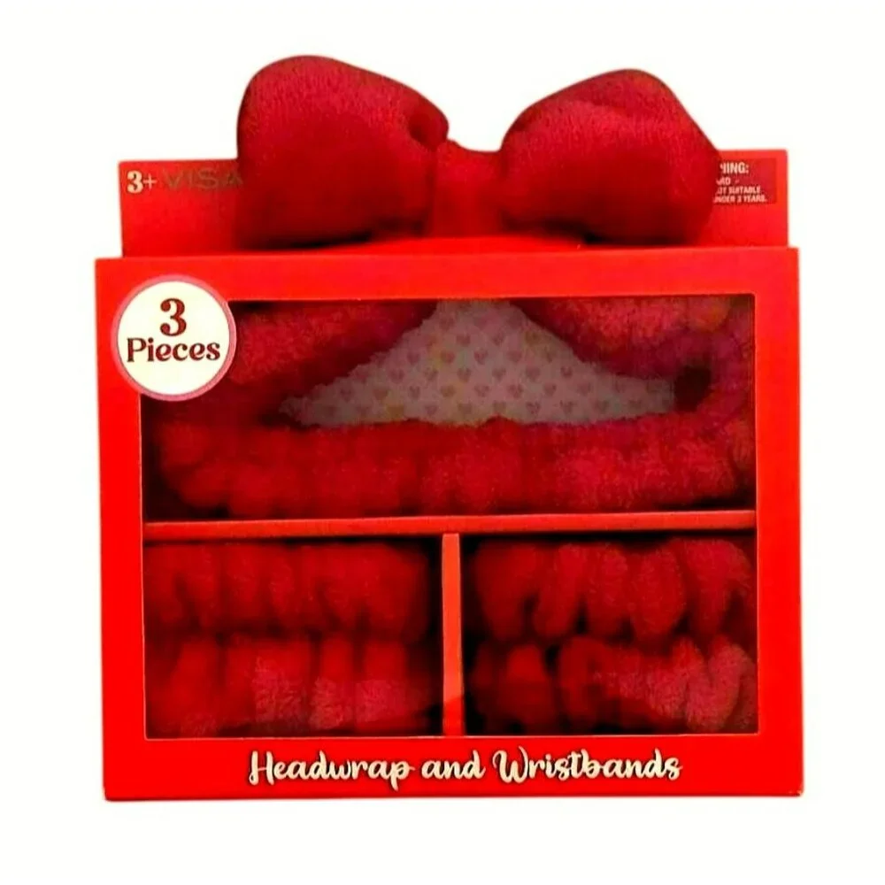 NWT - 3-Piece Red Plush Headwrap & Wristbands Spa Set (SKU #0406)